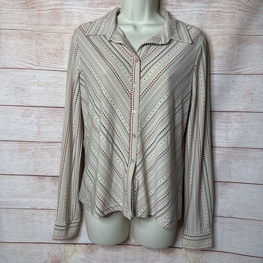 Worthington Vintage Retro 70s Inspired Dot Striped Cream Blouse Top Women's M